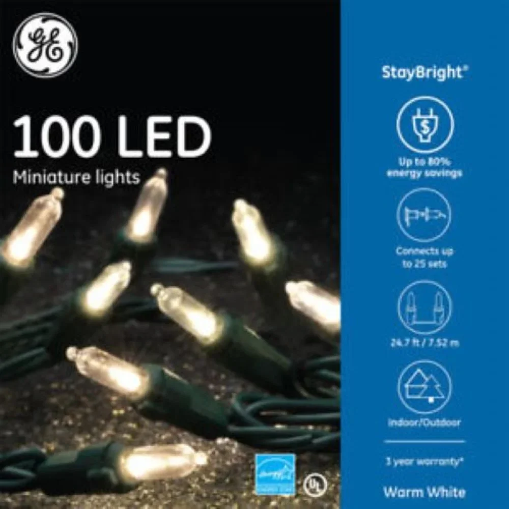 NEW GE 847973 STAYBRIGHT 100CT WARM WHITE LED MINI LIGHTS 24.7' GREEN STRING